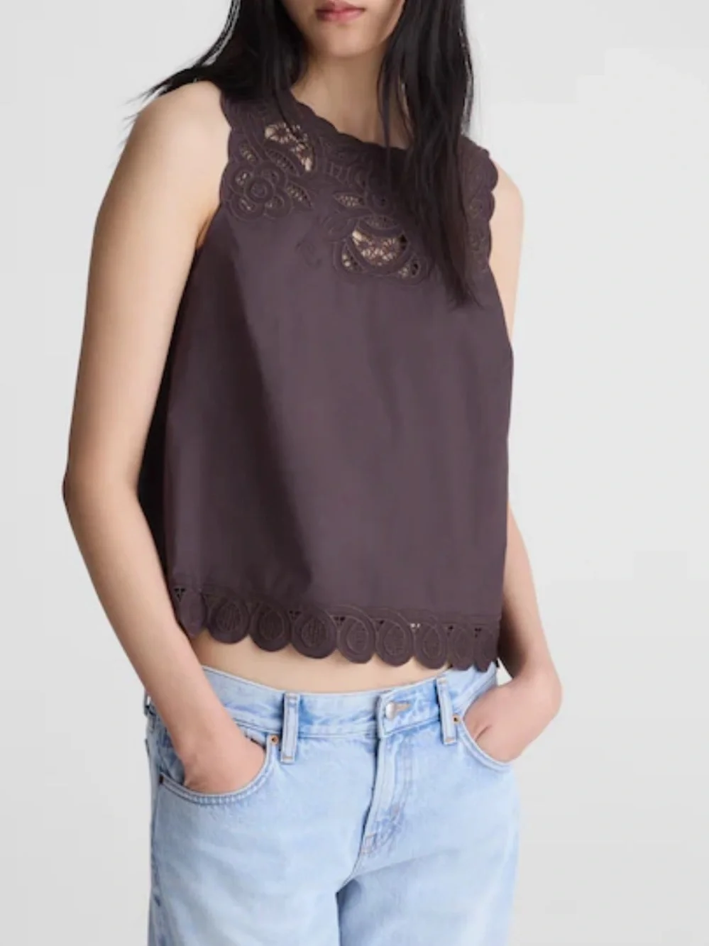 NWT Madewell Embroidered Shell Top in Poplin, size S Chocolate Plum